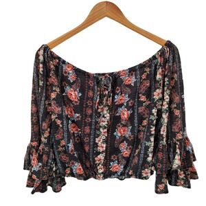 Haute Project Black Boho Floral Bell Sleeve Blouse Tie Front Womens Size Large